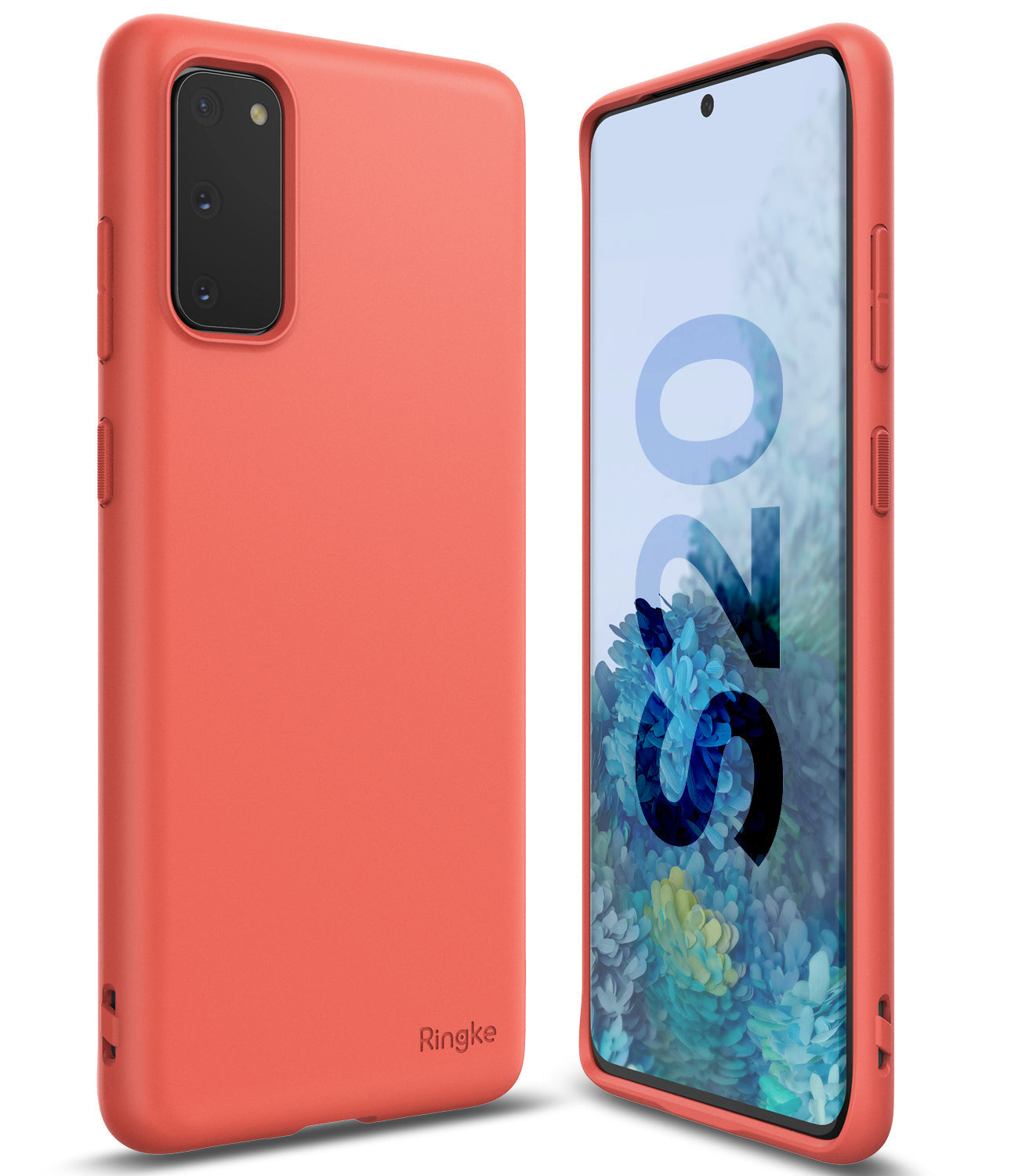 Galaxy S20 Case | Air-S - Coral red phone case shown from back and front angles on a Galaxy S20 smartphone.