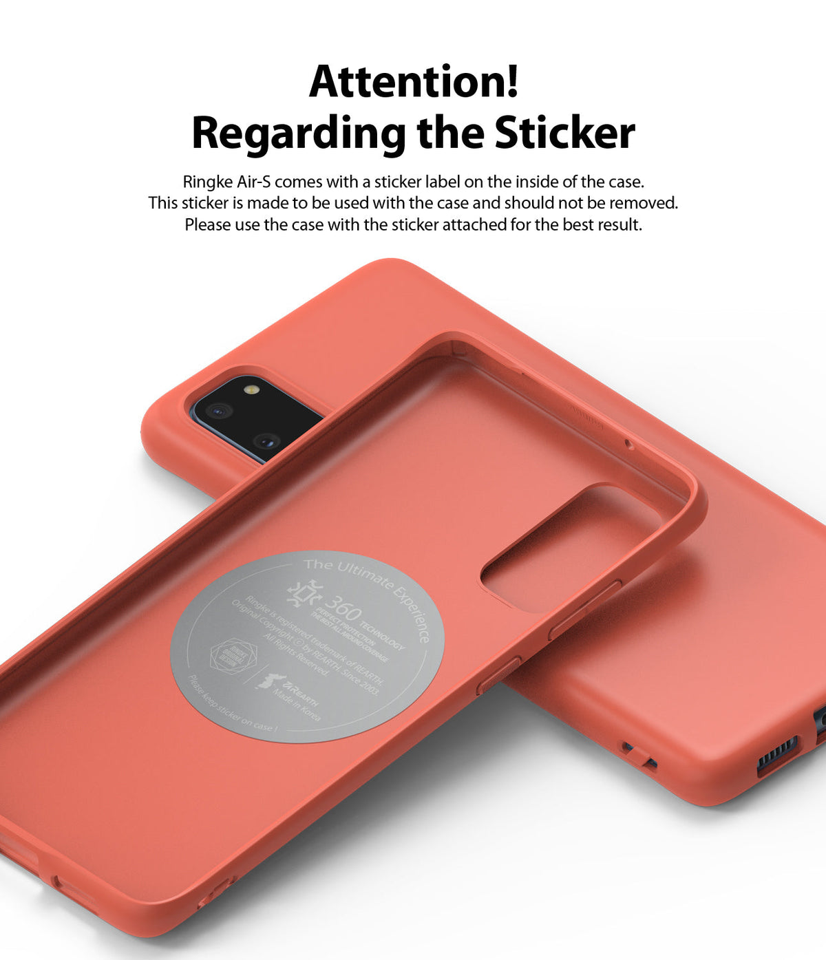 Galaxy S20 Case | Air-S - Coral phone case showing an interior sticker with instructions not to remove it.