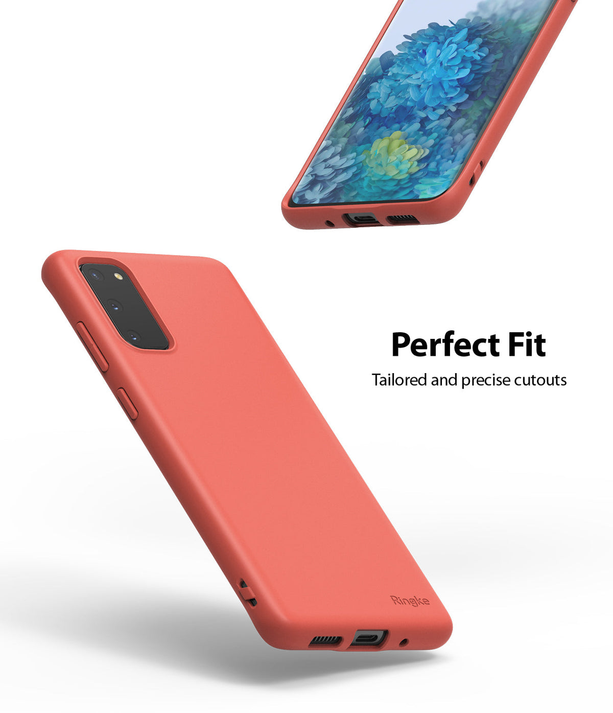 Galaxy S20 Case | Air-S - Coral red phone case showing precise cutouts for camera, charging port, and speakers.