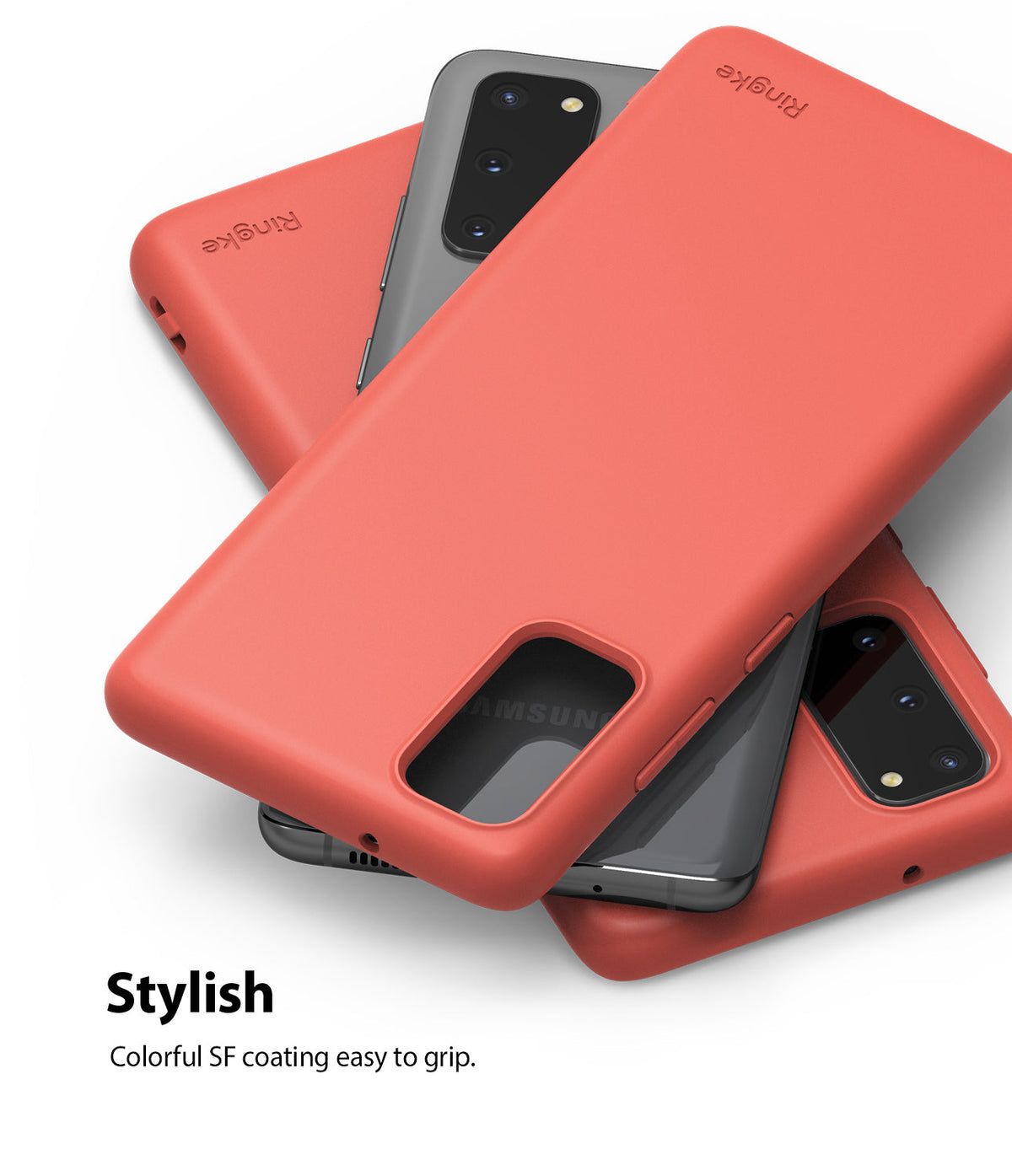 Galaxy S20 Case | Air-S - Three coral-colored phone cases stacked over grey Samsung Galaxy S20 smartphones.
