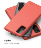 Galaxy S20 Case | Air-S - Three coral-colored phone cases stacked over grey Samsung Galaxy S20 smartphones.