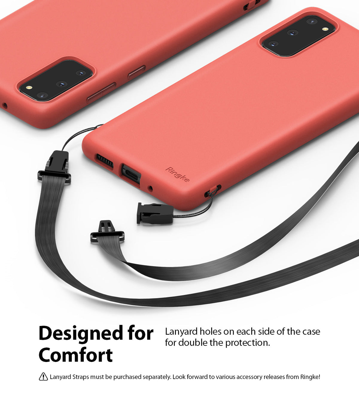 Galaxy S20 Case | Air-S - Two coral red phone cases with black detachable lanyard straps attached to side holes.