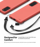 Galaxy S20 Case | Air-S - Two coral red phone cases with black detachable lanyard straps attached to side holes.