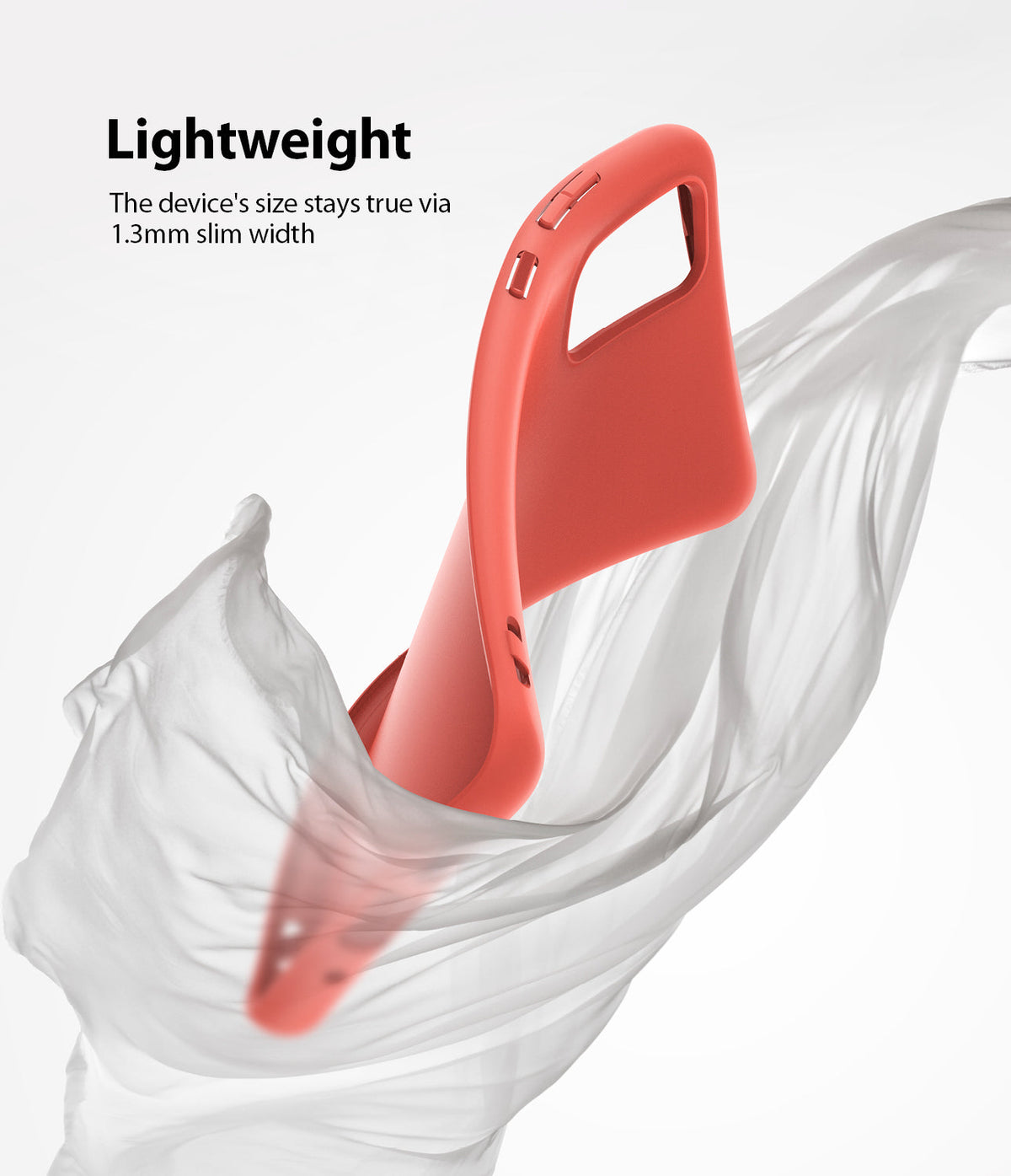 Galaxy S20 Case | Air-S - A slim coral phone case floating amidst swirling white fabric, highlighting its lightweight design.