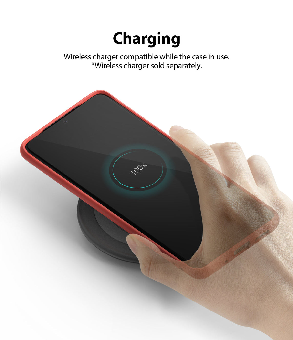 Galaxy S20 Case | Air-S - A hand places a red-cased Galaxy S20 on a wireless charger showing a 100% battery icon.