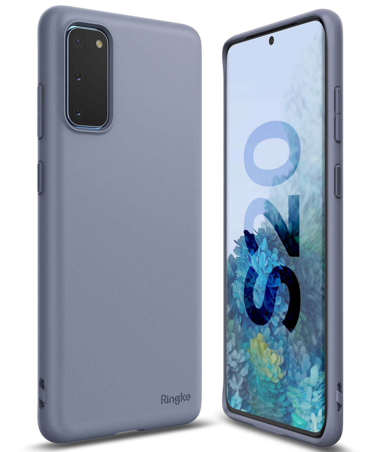 Galaxy S20 Case | Air-S - Matte blue Galaxy S20 phone case shown from the back and front with a floral screen display.