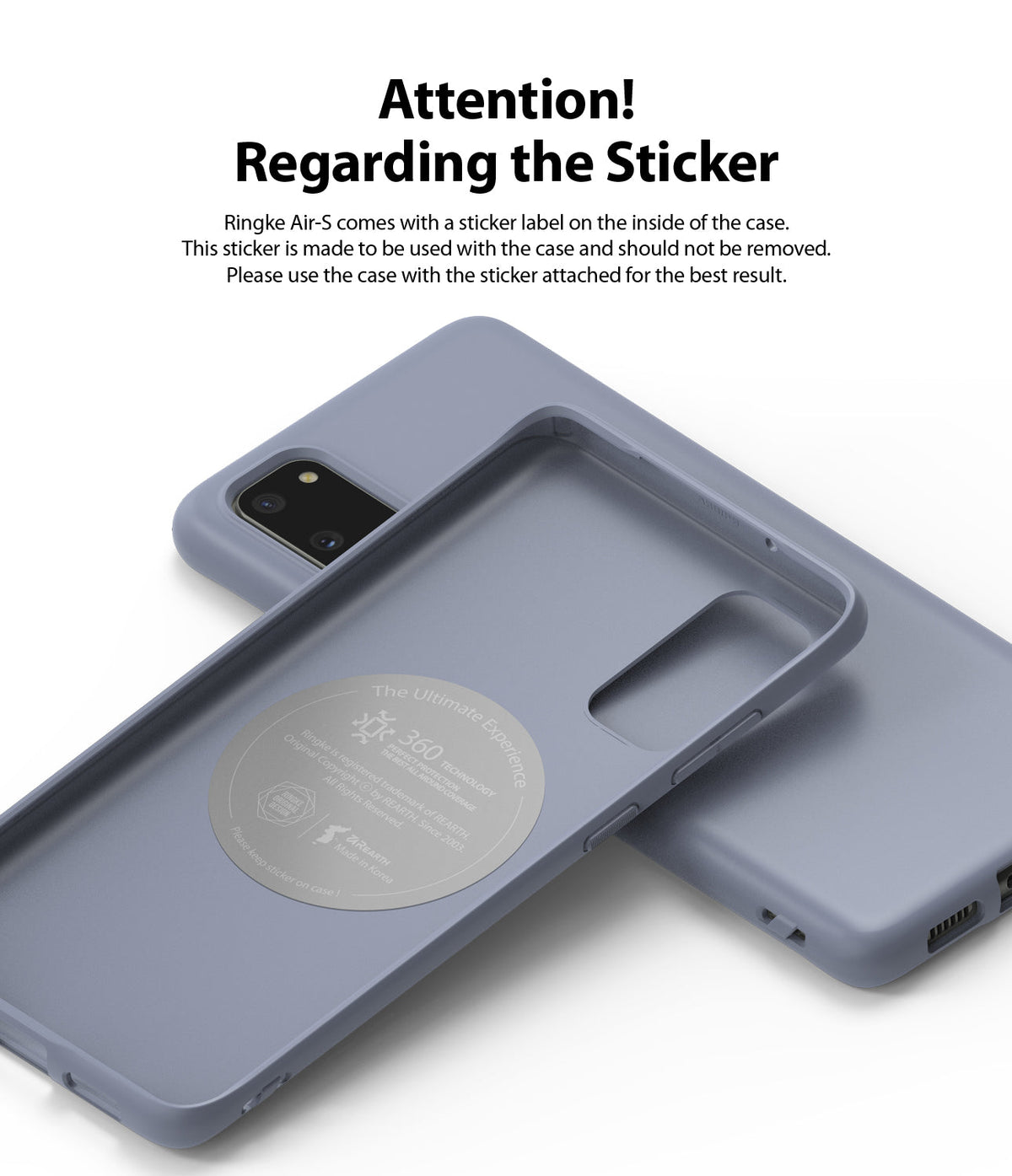 Galaxy S20 Case | Air-S - Blue phone case showing an interior sticker with instructions not to remove it.