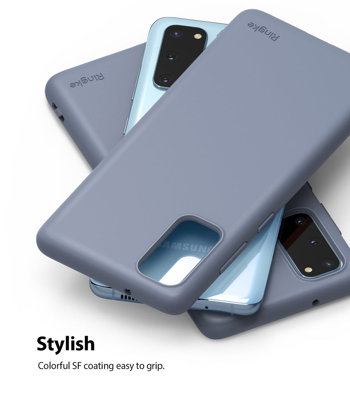Galaxy S20 Case | Air-S - Two light blue Galaxy S20 phones partially covered by matte grey Ringke protective cases.