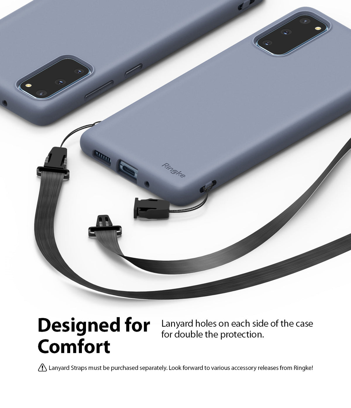 Galaxy S20 Case | Air-S - Two blue phone cases with detachable black lanyards attached to side holes on a white background.