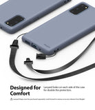 Galaxy S20 Case | Air-S - Two blue phone cases with detachable black lanyards attached to side holes on a white background.