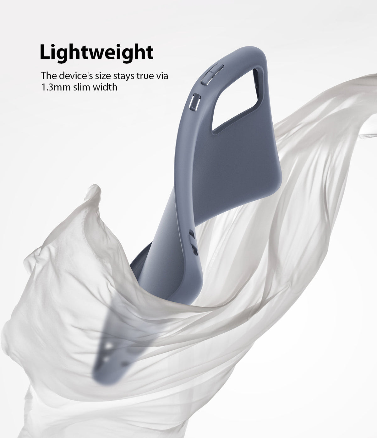 Galaxy S20 Case | Air-S - A slim, grey phone case floating amidst flowing white fabric, highlighting its lightweight design.
