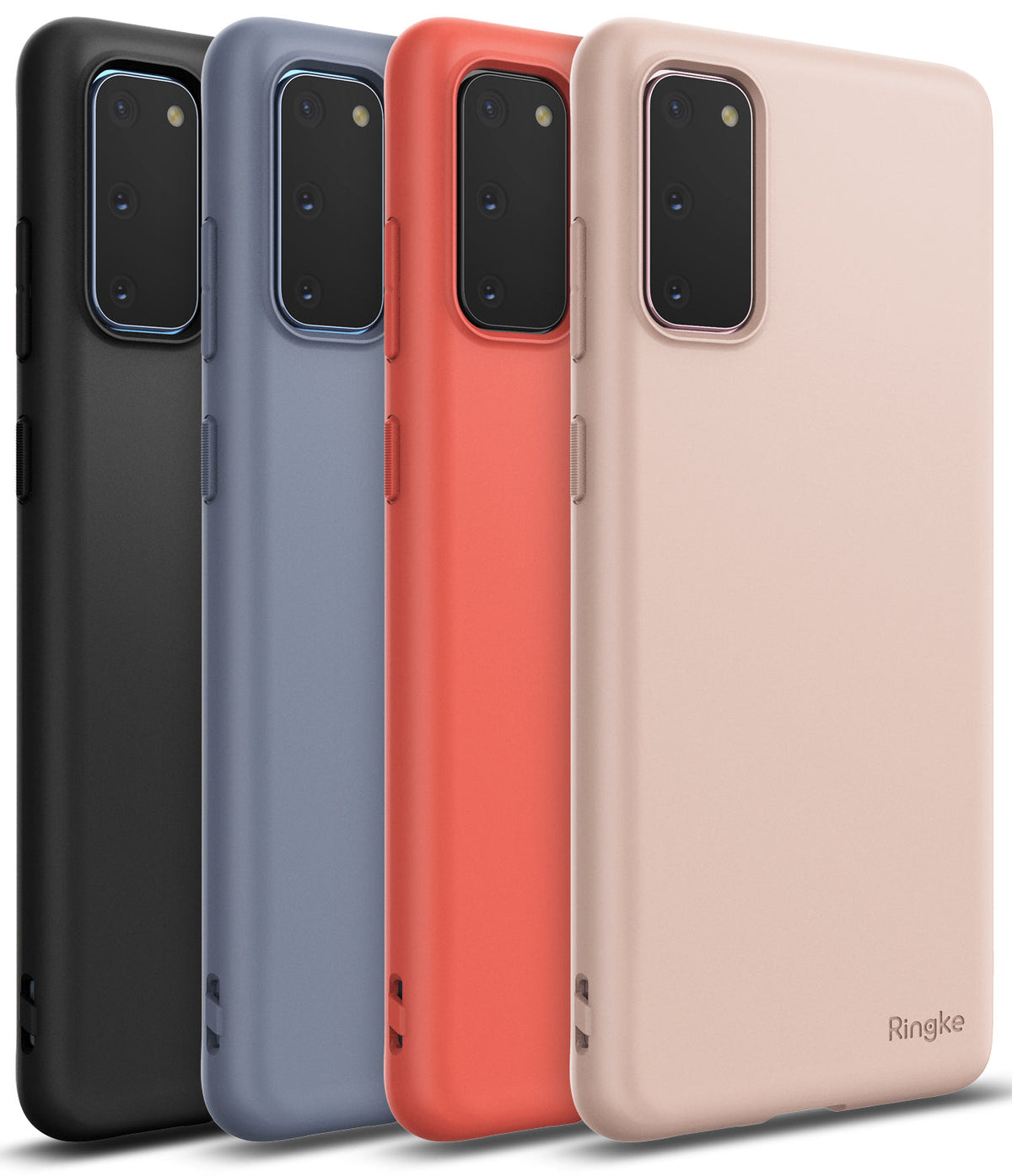 Galaxy S20 Case | Air-S - Four Galaxy S20 phones in black, blue, red, and beige cases standing in a row.