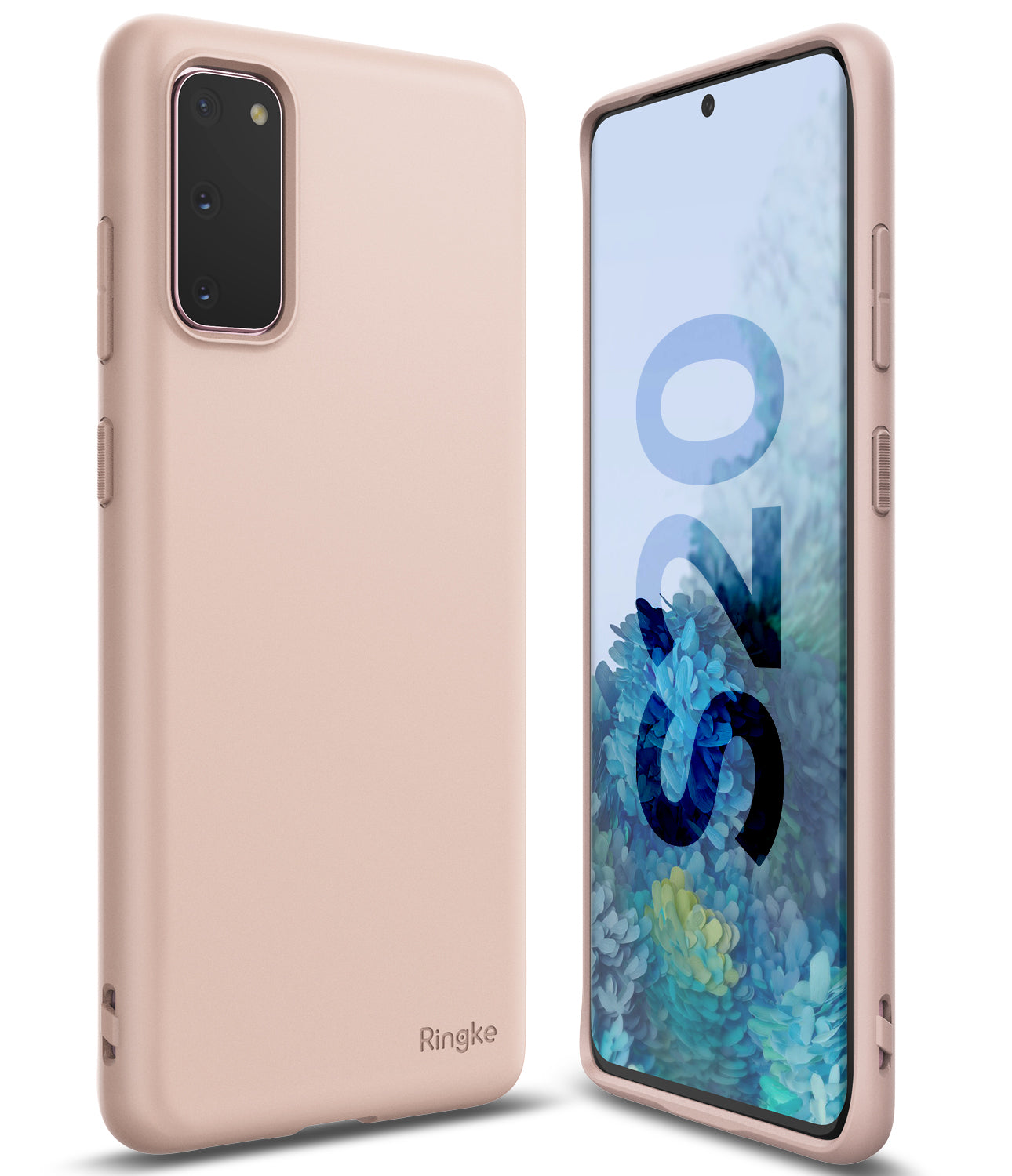 Galaxy S20 Case | Air-S - Front and back view of a light pink Galaxy S20 phone in a slim, matte protective case.