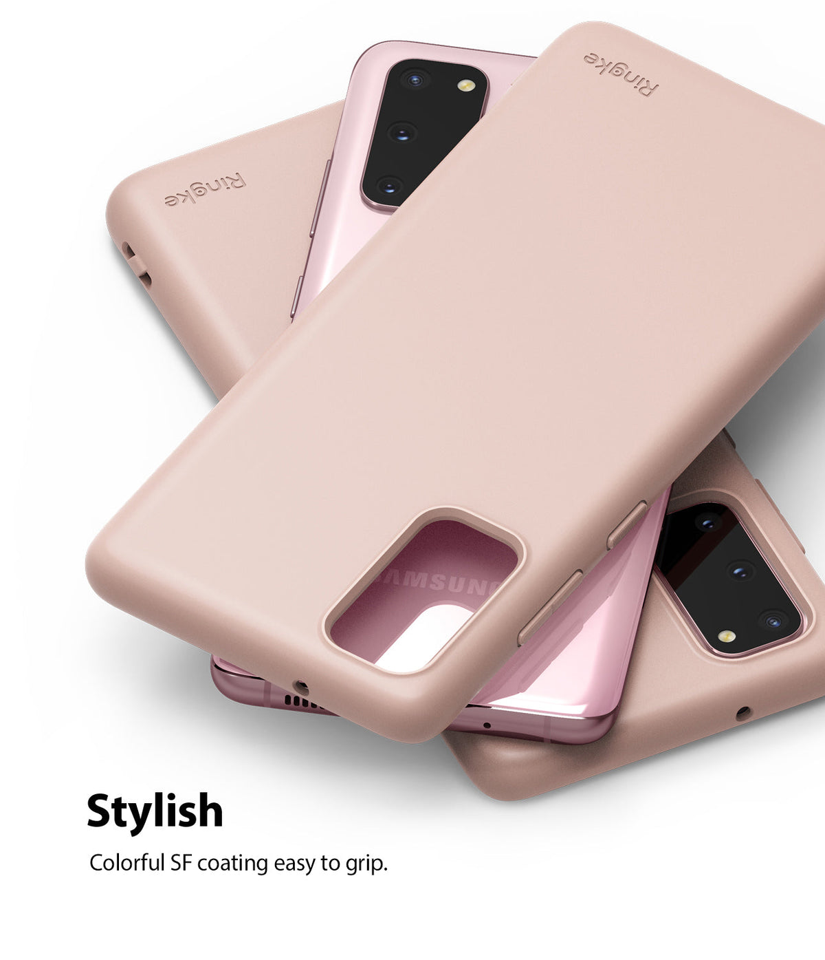 Galaxy S20 Case | Air-S - Three pink Galaxy S20 phones stacked, featuring smooth, matte-finish protective cases with Ringke branding.