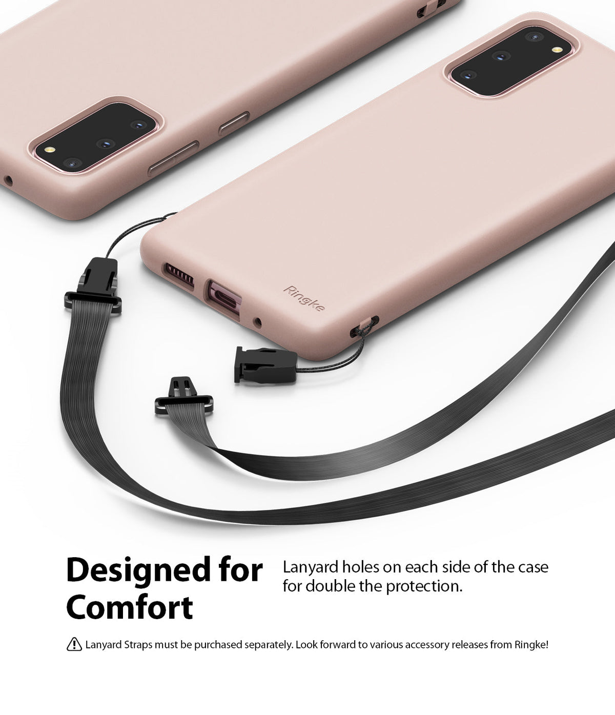 Galaxy S20 Case | Air-S - Two matte pink phone cases with black detachable lanyard straps attached to side anchor points.