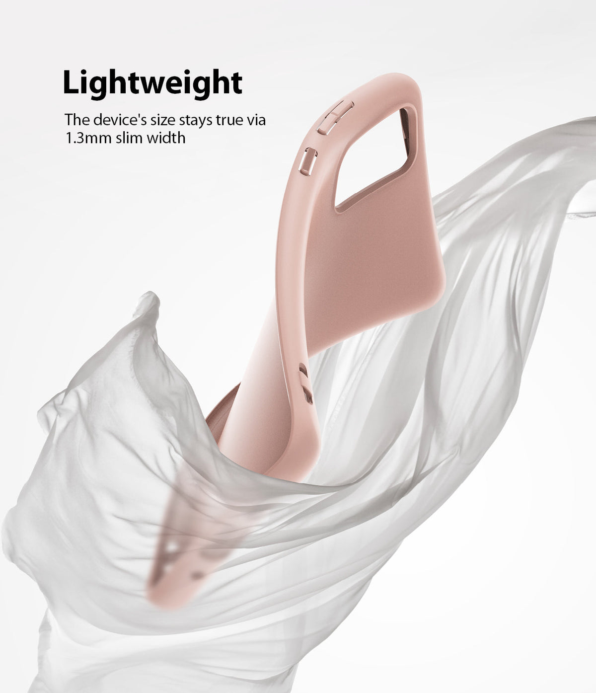 Galaxy S20 Case | Air-S - A slim, pink Galaxy S20 phone case floating amidst flowing white fabric with text about its lightweight design.