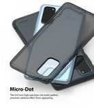 Galaxy S20 Case | Air - Transparent grey phone case with a micro-dot pattern layered over a light blue Samsung Galaxy S20.