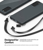 Galaxy S20 Case | Air - Translucent black phone case with dual lanyard attachment points and a detachable black strap.