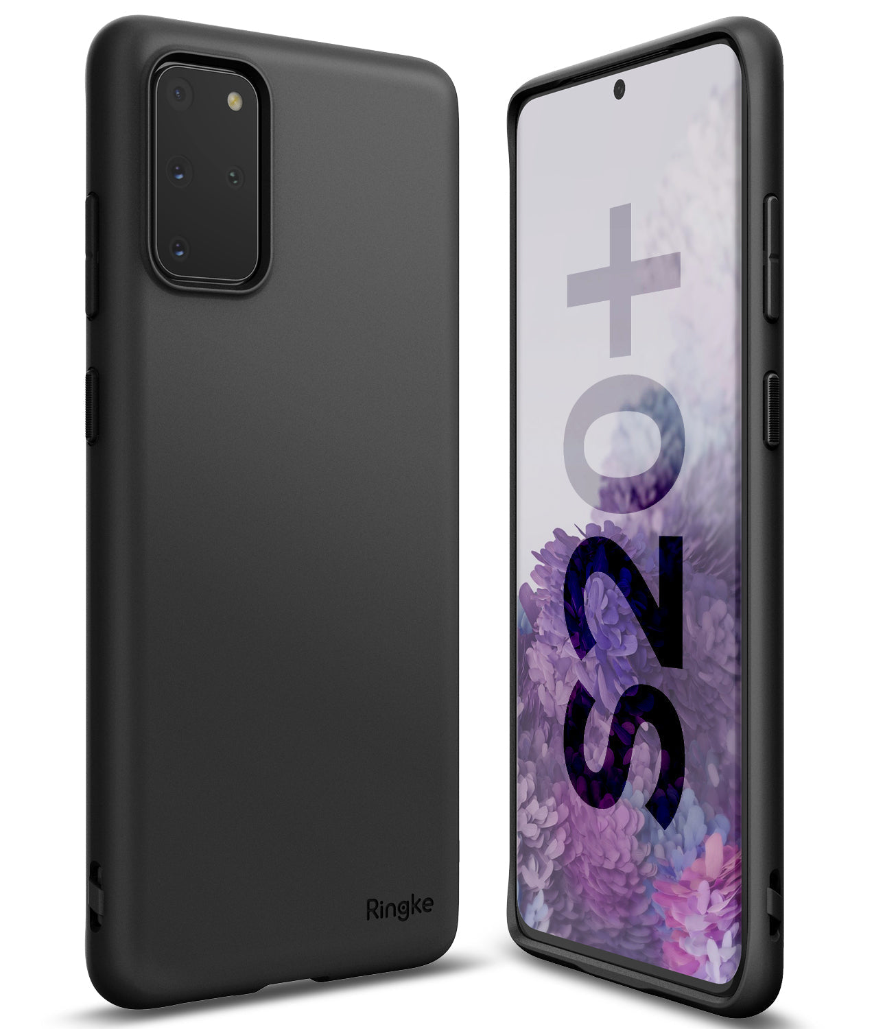 Galaxy S20 Plus Case | Air-S - Matte black phone case shown from the back and front with S20+ screen display.