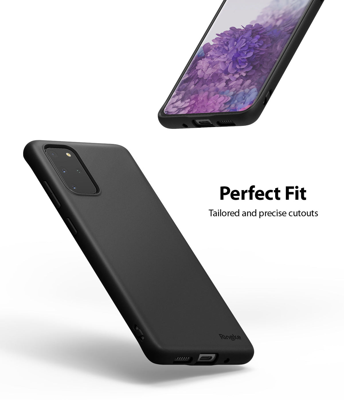 Galaxy S20 Plus Case | Air-S - Matte black phone case shown from back and bottom angles with precise port cutouts.