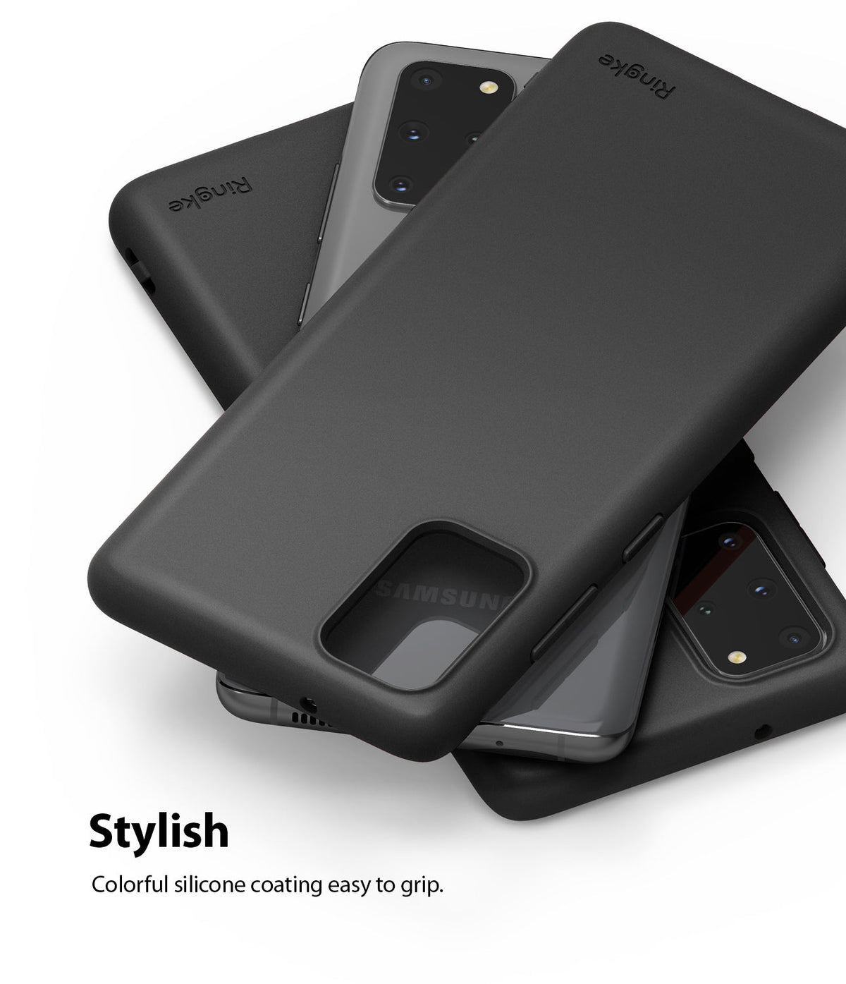 Galaxy S20 Plus Case | Air-S - Stack of matte black Ringke phone cases on top of grey Samsung Galaxy S20 Plus smartphones.