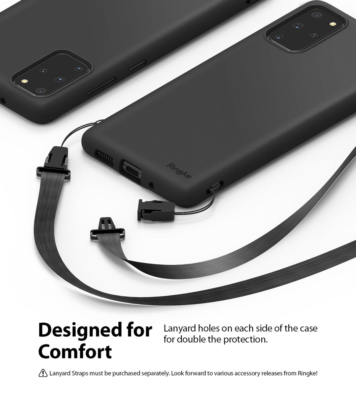 Galaxy S20 Plus Case | Air-S - Black phone case with lanyard attachment points and a detachable strap on a white background.