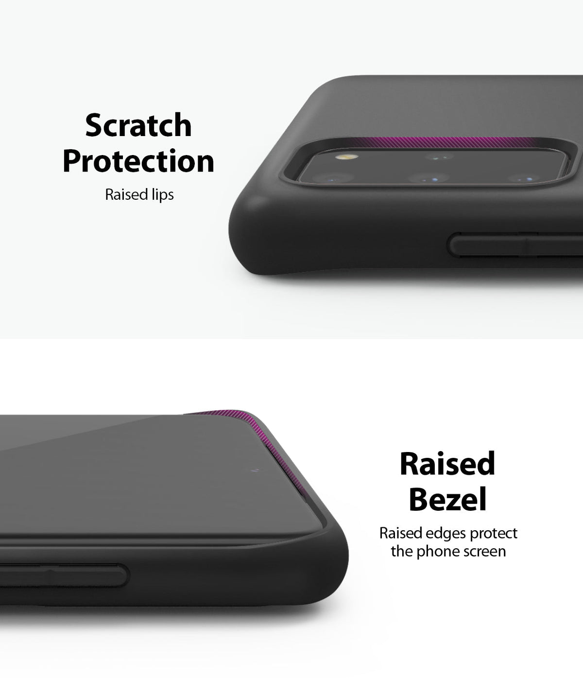 Galaxy S20 Plus Case | Air-S - Close-up of black phone case showing raised lips around camera and screen for scratch protection.