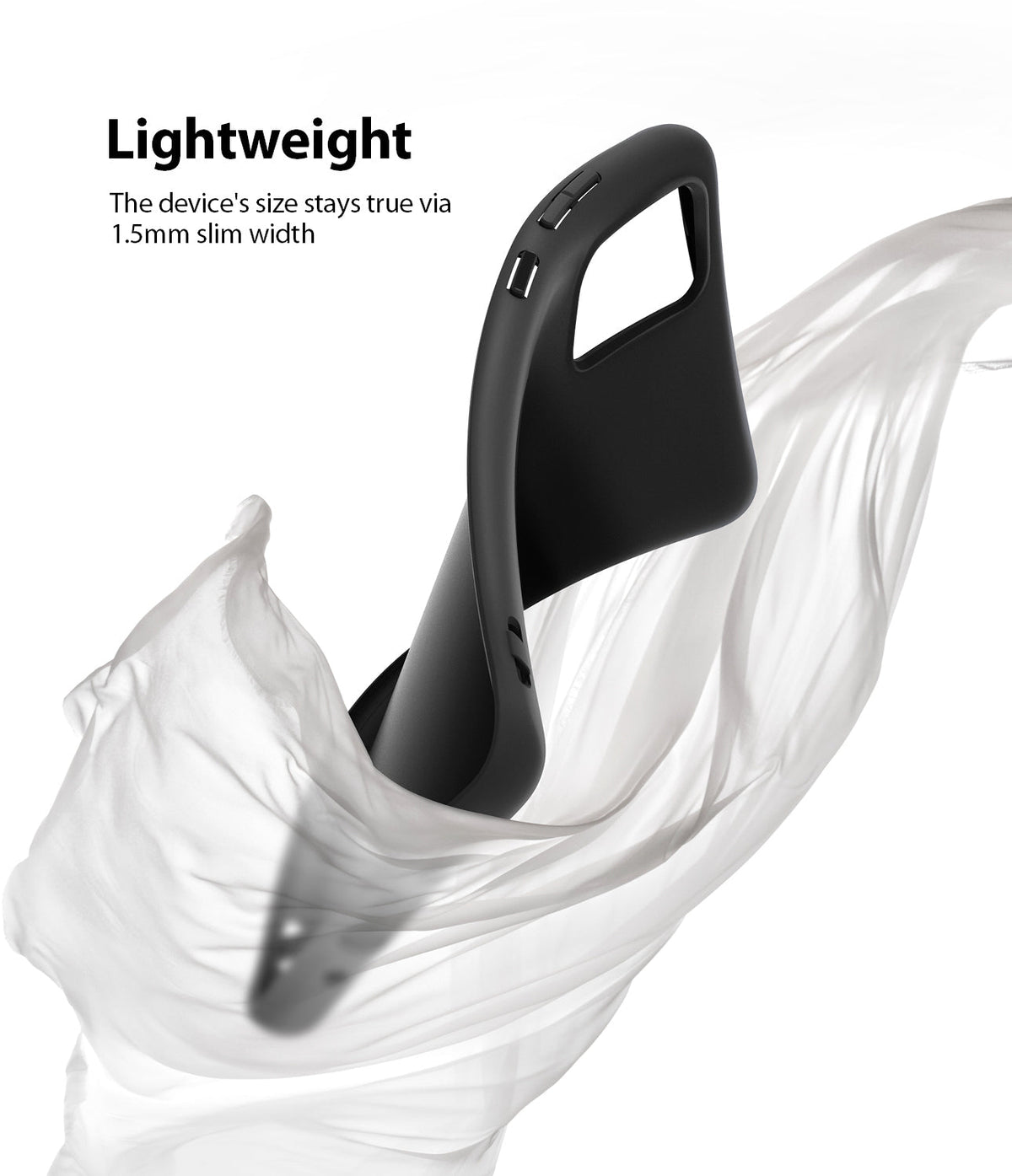 Galaxy S20 Plus Case | Air-S - Black slim phone case wrapped in flowing white fabric with text highlighting its lightweight design.