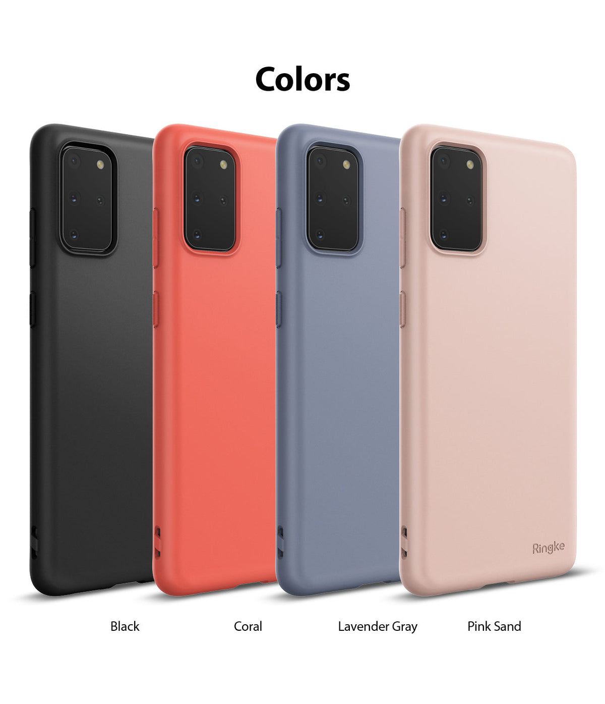 Galaxy S20 Plus Case | Air-S - Four Galaxy S20 Plus cases in black, coral, lavender gray, and pink sand arranged side-by-side.