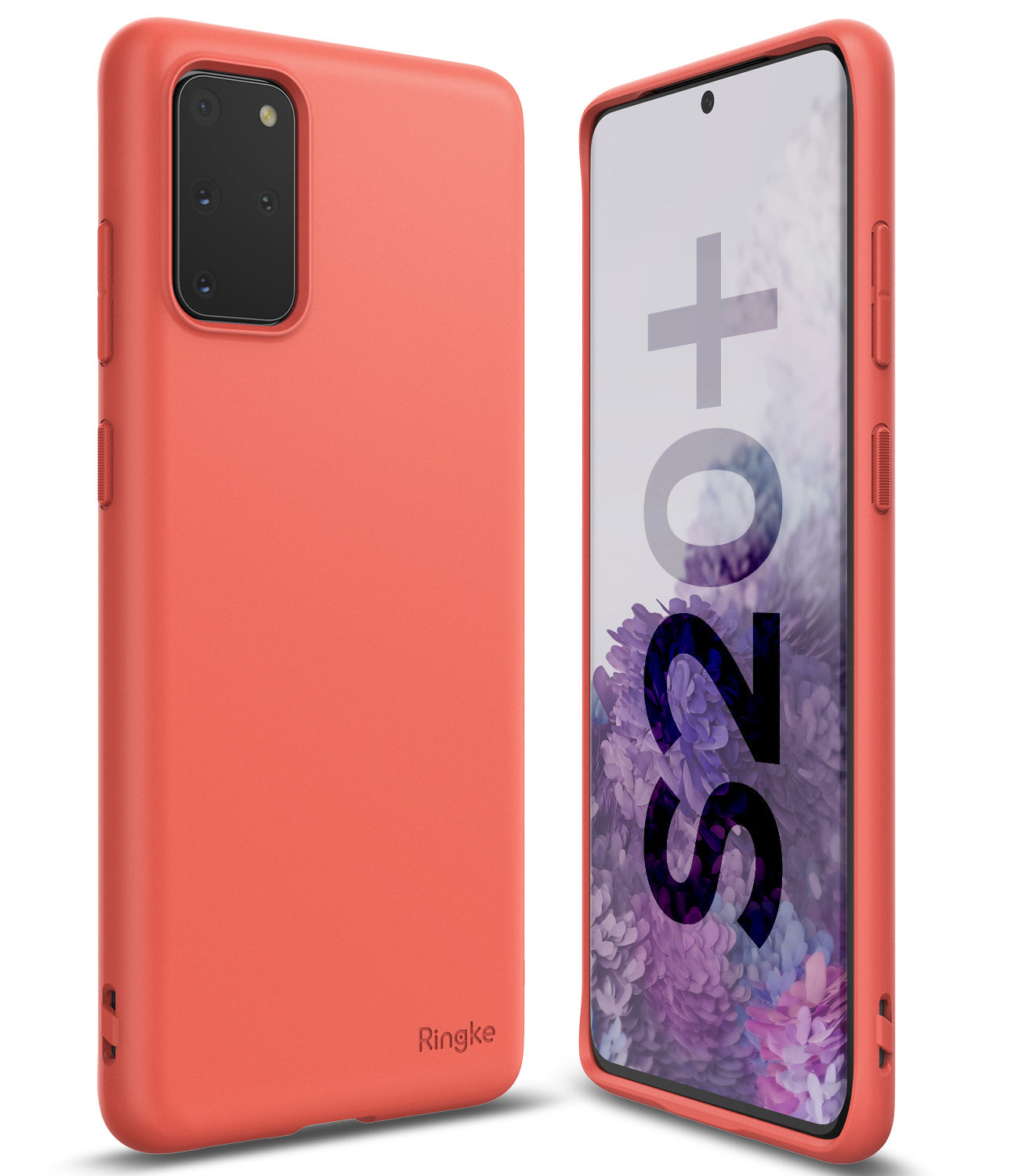 Galaxy S20 Plus Case | Air-S - Coral red phone case shown from back and front angles with S20+ screen display.