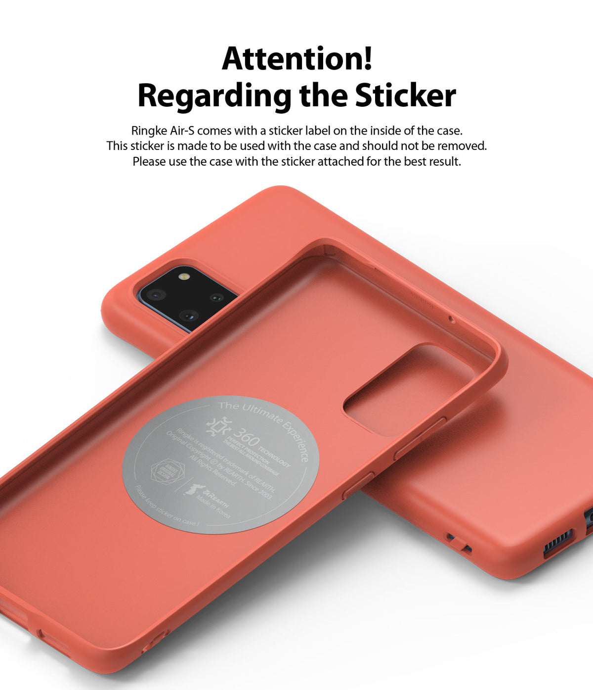 Galaxy S20 Plus Case | Air-S - Coral phone case showing an interior sticker with instructions not to remove it.