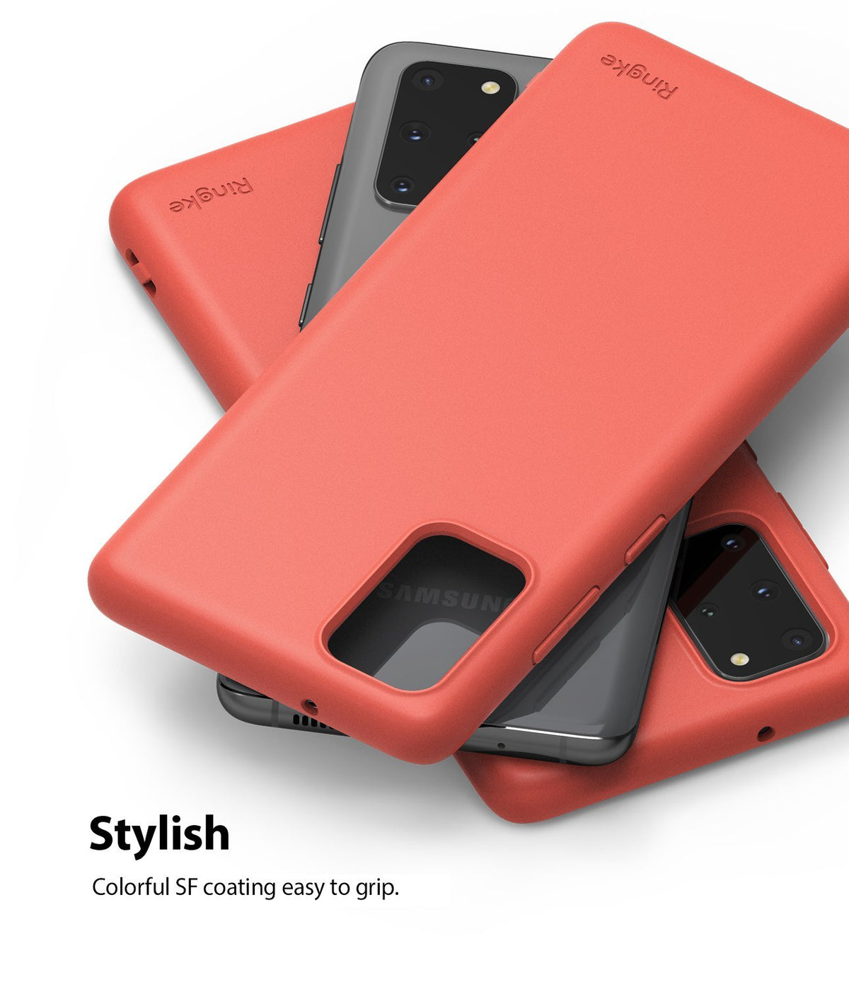 Galaxy S20 Plus Case | Air-S - Three coral red phone cases stacked over grey smartphones on a white background.