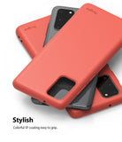 Galaxy S20 Plus Case | Air-S - Three coral red phone cases stacked over grey smartphones on a white background.