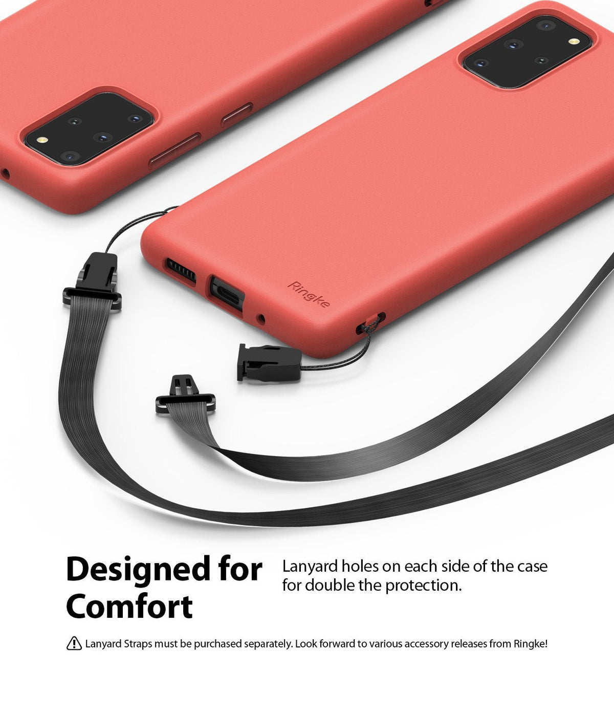Galaxy S20 Plus Case | Air-S - Coral red phone case with dual lanyard attachment points and a detachable black strap.