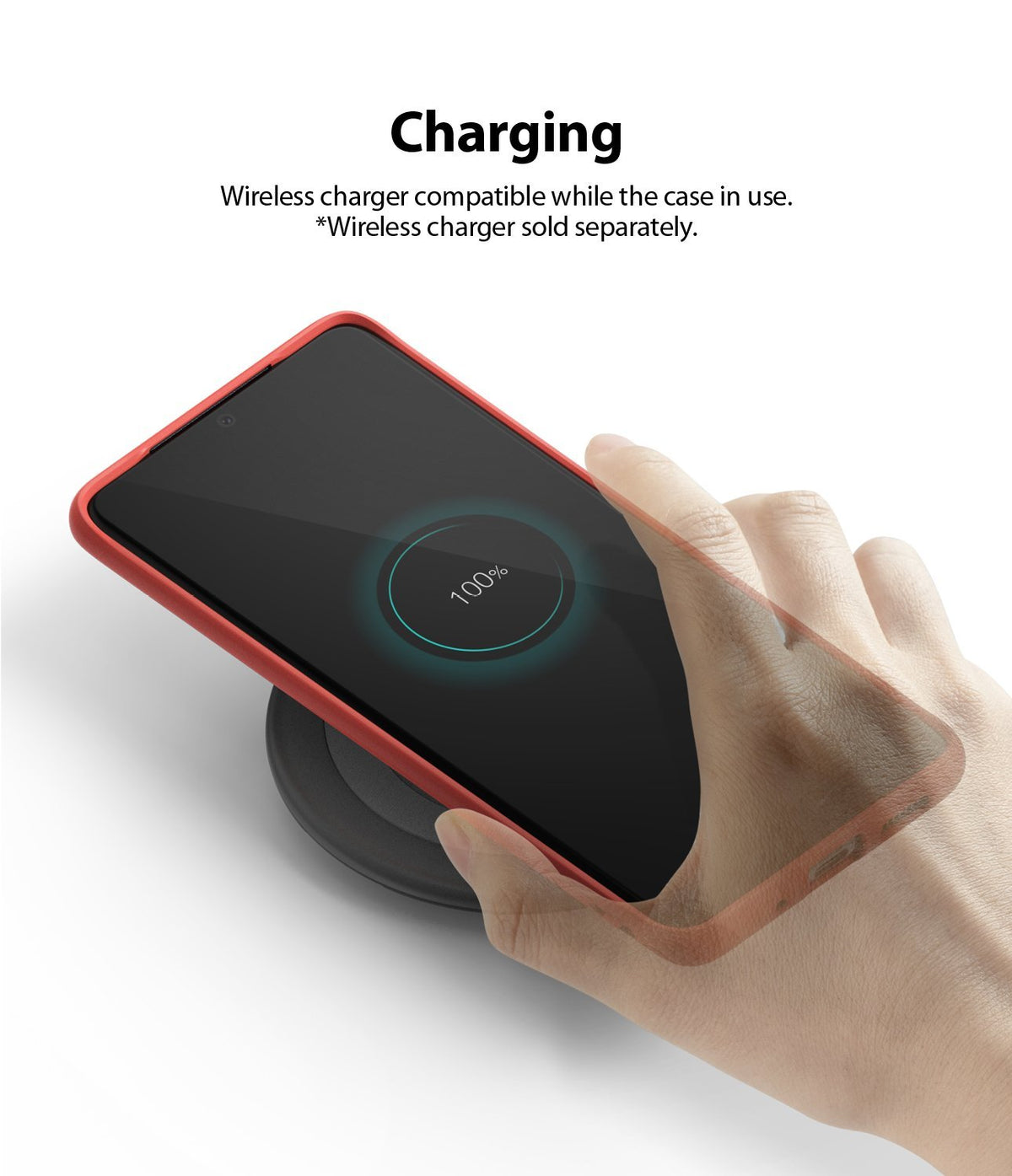 Galaxy S20 Plus Case | Air-S - Hand placing a red-cased Galaxy S20 Plus on a wireless charger showing 100% battery.