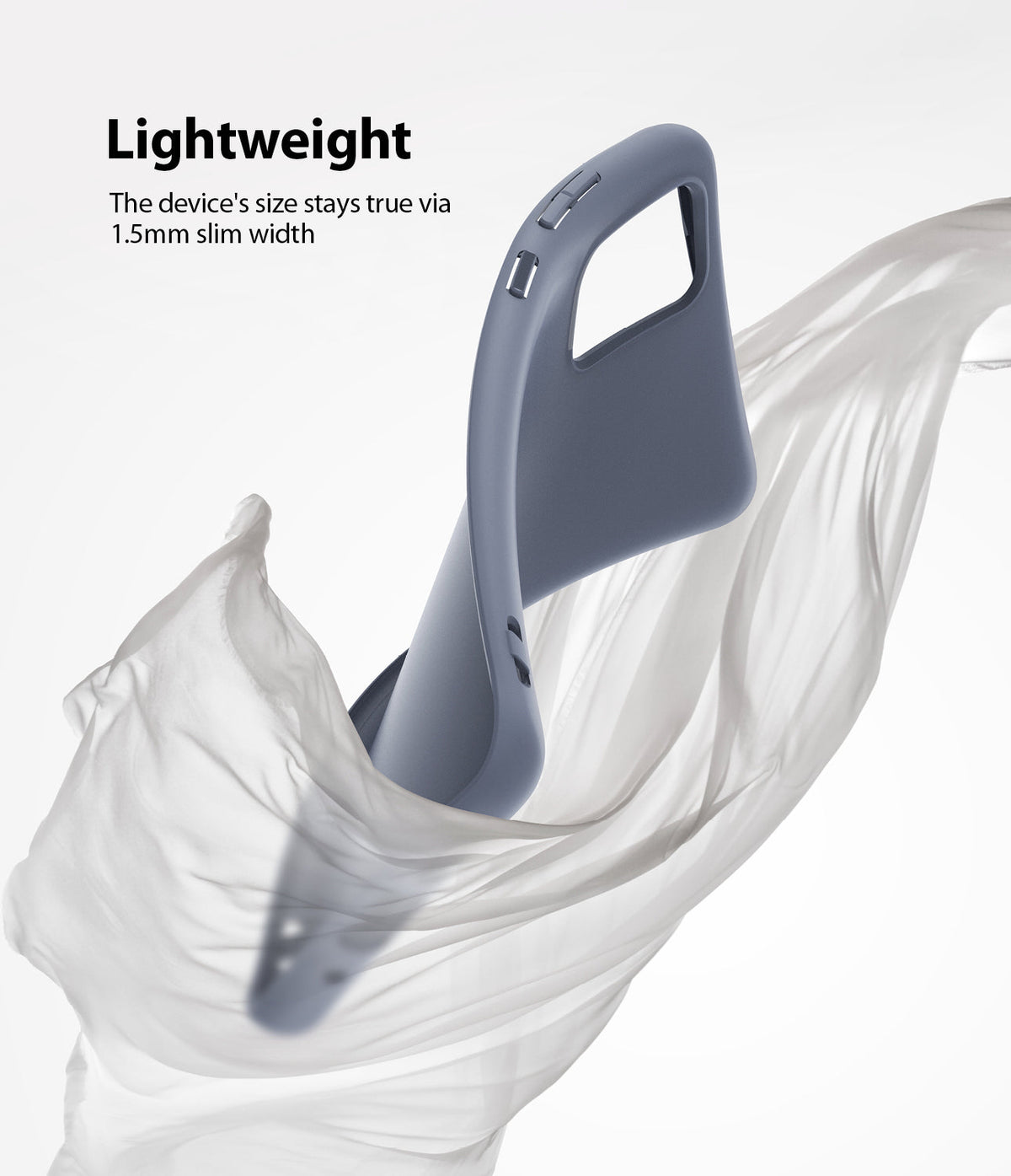 Galaxy S20 Plus Case | Air-S - A slim, grey phone case floating amidst flowing white fabric, highlighting its lightweight design.