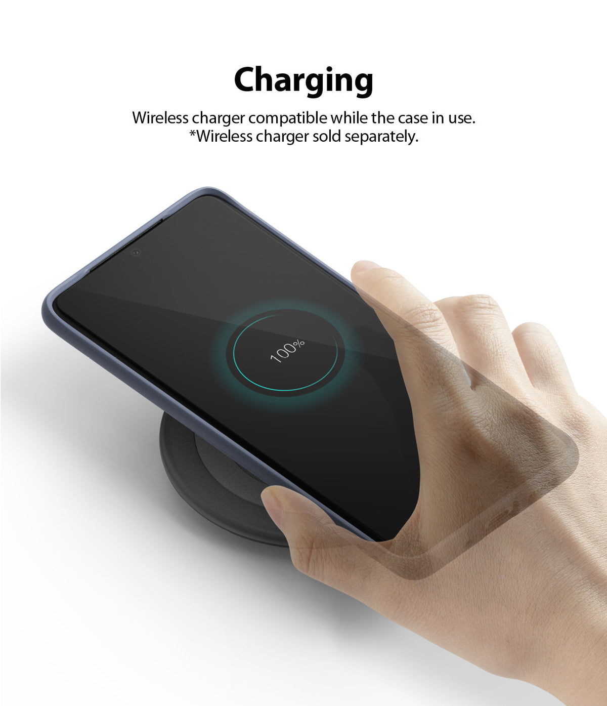 Galaxy S20 Plus Case | Air-S - A hand places a Galaxy S20 Plus in an Air-S case onto a wireless charging pad showing 100% charge.