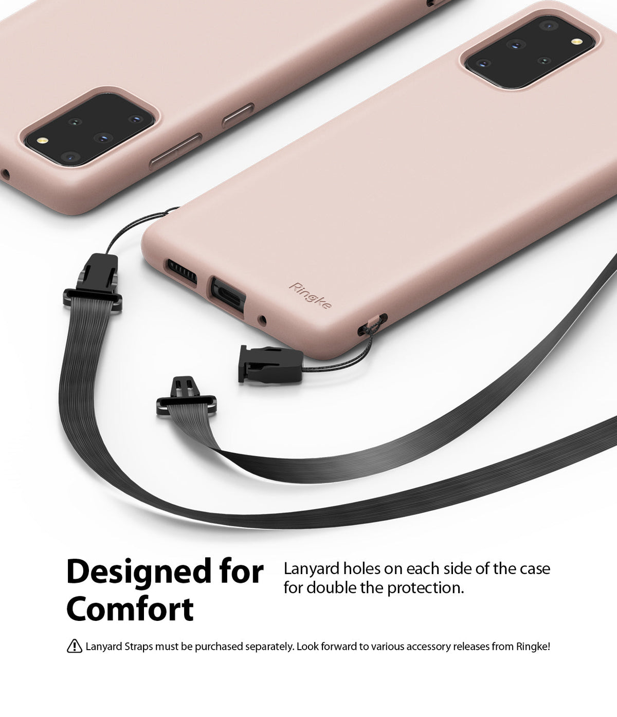 Galaxy S20 Plus Case | Air-S - Two matte pink phone cases with black lanyard attachments and straps on a white background.
