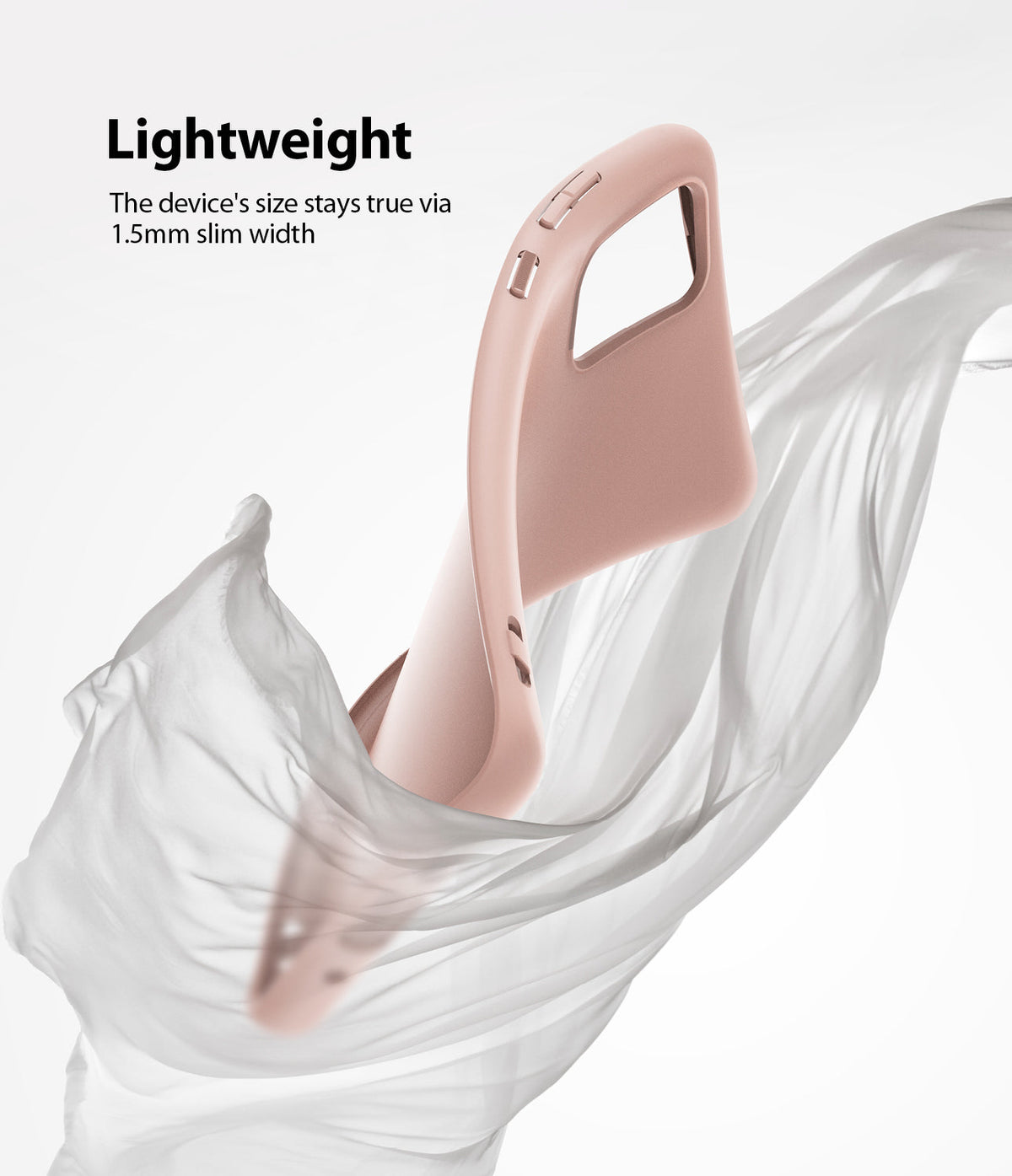 Galaxy S20 Plus Case | Air-S - A slim, pink phone case floating amidst flowing white fabric with text about its lightweight design.