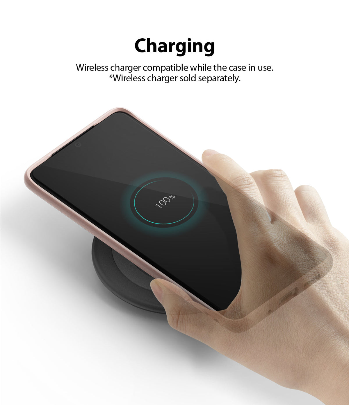 Galaxy S20 Plus Case | Air-S - Hand placing a rose gold phone case on a wireless charger showing 100% battery status.