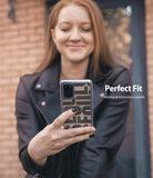 Galaxy S20 Plus Case | Fusion Design - Woman holding a phone with a patterned clear case, text reads Perfect Fit.