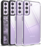 Galaxy S21 FE Case | Fusion - Four Galaxy S21 FE phones in clear and patterned protective cases lined up in a row.