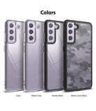 Galaxy S21 FE Case | Fusion - Four Galaxy S21 FE cases in Clear, Matte Clear, Smoke Black, and Matte Camo Black color options.
