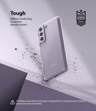 Galaxy S21 FE Case | Fusion - Clear phone case on a purple background with debris, highlighting military-grade drop protection.