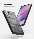 Galaxy S21 FE Case | Fusion - A Galaxy S21 FE in a black camo Fusion case showing precise cutouts and a perfect fit.