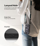 Galaxy S21 FE Case | Fusion - Person wearing a camo phone case with a lanyard strap, highlighting dual side strap holes.