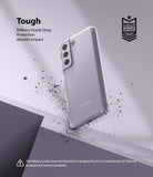 Galaxy S21 FE Case | Fusion - Clear phone case on a purple background with debris, highlighting military-grade drop protection.