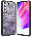 Galaxy S21 FE Case | Fusion - Purple camouflage phone case with black frame shown from back and front views.