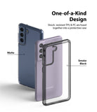 Galaxy S21 FE Case | Fusion - Exploded view of a phone case with matte and smoke black layers over a lavender phone.