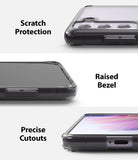 Galaxy S21 FE Case | Fusion - Three close-up views of a clear phone case highlighting scratch protection, raised bezels, and cutouts.